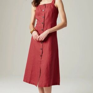 J Jill 100% Linen Red Sz L Button Down Sleeveless Midi Dress Lagenlook Coastal